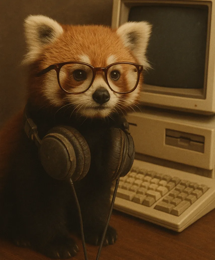 Cute red panda with glasses wearing headphones near vintage computer